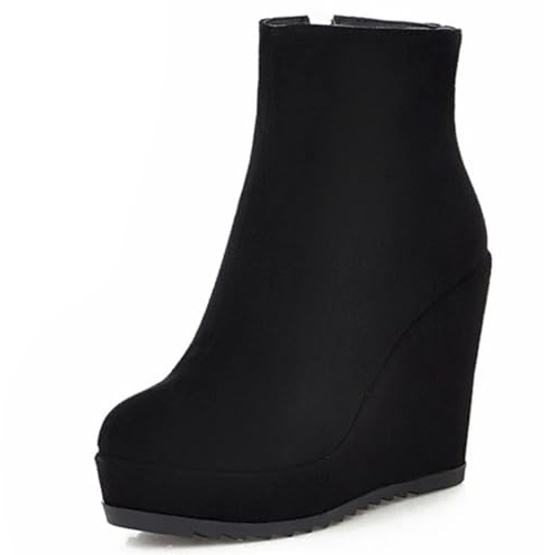 Betastella Women's Wedge Platform Ankle Boots Faux Suede Heels Zip Up Booties, Size 6.5, Black