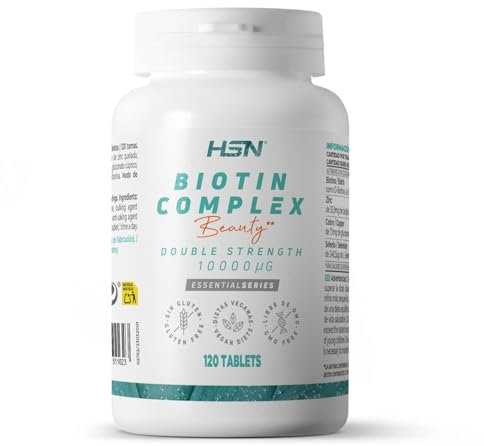 Biotina 10000 MCG de HSN | 120 Tabletas - Doble Potencia – Biotin Complex en Forma de D-Biotina y con Minerales: Zinc + Cobre + Selenio | No-GMO, Vegano, Sin Gluten