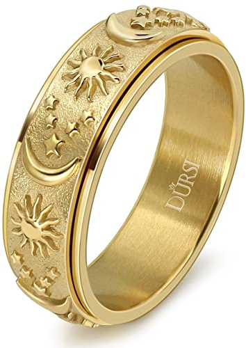 DURSI Sun Moon Star Spinner Fidget Ring for Anxiety for Men Women Stainless Steel Rotating Engagement Wedding Band (18K Gold, Size 11)