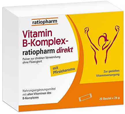 Vitamin B-Komplex-ratiopharm direkt: Alle 8 B-Vitamine auch für Vegetarier. Direktpulver mit Pfirsichgeschmack ohne tierische Inhaltsstoffe bei Mehrbedarf an B-Vitaminen, 20 Beutel