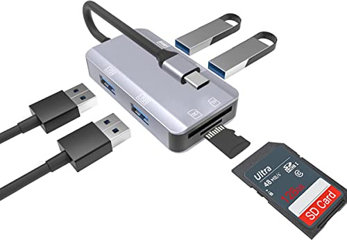 USB C to USB 3.0 Adapter 6 in 1 Hub3.0 SD Micro SD Card Adapter for iPad Mini/MacBook Air/Google Pixel PC & Cellphone Converter