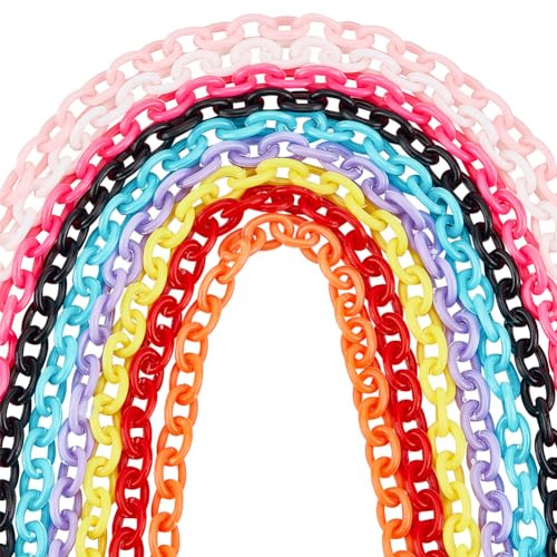SUNNYCLUE 36 Strands 9 Colors Colorful Plastic Chains Oval Shape Curb Chain Cable Links Birds for Cage Jewelry Making Bracelets Bag Glasses Lanyard DIY Crafts Findings Accessory, 13~14M