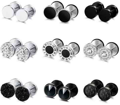 FIBO STEEL 9 Pairs Fake Gauge Earrings for Men Women Stainless Steel Stud Earring Round Cheater Plug Earring Faux Gauges Ear Tunnel Mens Earrings