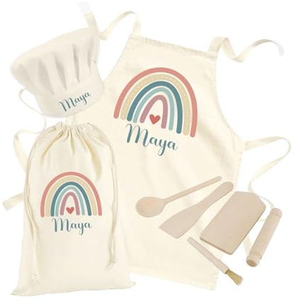 Hoolaroo Personalised Kids Baking Set Gift For Girls Cooking Apron Childs Baking Gift Set Custom Apron Chef Hat Kids Cooking Utensils Wooden Tools Pink Rainbow role play toy