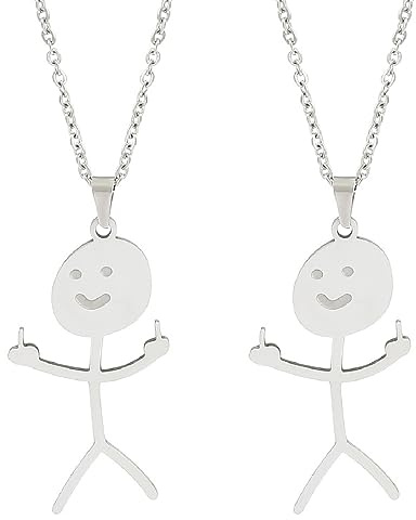 Jitnga 2 Stück Smileylustige Doodle Halskette Smiley Anhänger Kette Halskette Finger Match-Finger-Gesten-Halskette Für Herren Damen Mit Geschenkbox，Smiley-Mittelfinger-Halskette，Für Herren,Damen(Silv