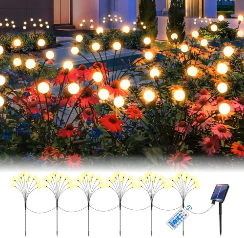 RJEDL Solar Firefly Lights, 60 LED Outdoor Swaying Lights with Remote, 8 Modes for Party Pathway Fence Yard Landscape Garden Ornaments