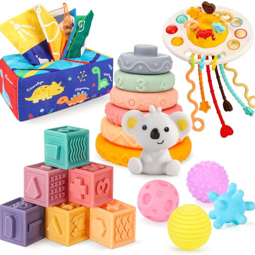Gontence Montessori Spielzeug Baby 6 Monate, 5er-Set Baby Spielzeug 1 Jahr, Babyspielzeug Motorikspielzeug | TüCherbox Baby | Stapelturm Baby | Greifball für Babys, Geschenk 12 Monate