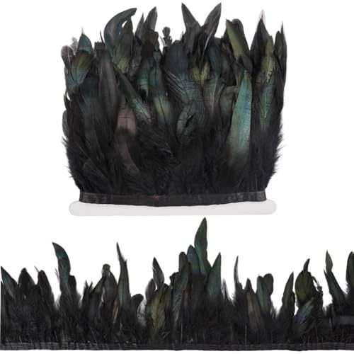 GORGECRAFT 5m 5~7 Zoll Breite Hahnenhackle-Federfransenbesatz Schwarzes Dekorationsfederbesatzband Natürlicher Federbesatz Für DIY-Kostümzubehör Halloween Karneval Maskeraden Cosplay