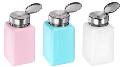 sourcing map 3PCS 200ML(6.8oz) Push Down Alcohol Dispenser Pump Liquid Press Empty Bottles Refillable Container for Acetone Cleanser Nail Polish Remover, 3 Colors