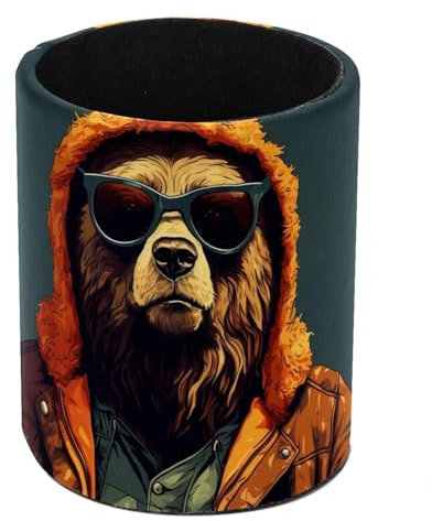 Retro Bear Serious Desk Pen Holder, Pencil Pen Desk Organizers, Pencil Holder Pencil Case Cup Pencil Bag for Desk Office Pen Case for School, Kids