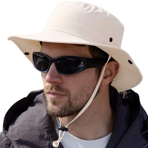 CHATSZ Unisex Sonnenhut für Damen und Herren, UV-Schutz UPF 50+, wasserdicht, verstaubar, breite Krempe, Boonie Sonnenhut, zum Angeln, Wandern, Beige, 0