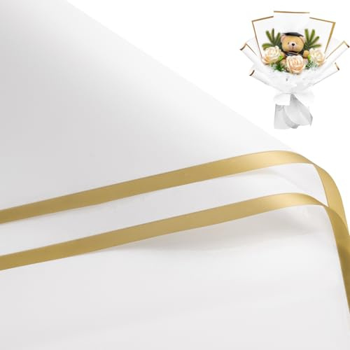 RUSPEPA 20 Blatt Blumengeschenkpapier – 57 x 57 cm, Goldrand, wasserfestes Geschenkpapier für Blumensträuße – Verpackung für Floristenbedarf, Geburtstage, Hochzeiten und Bastelarbeiten – Weiß