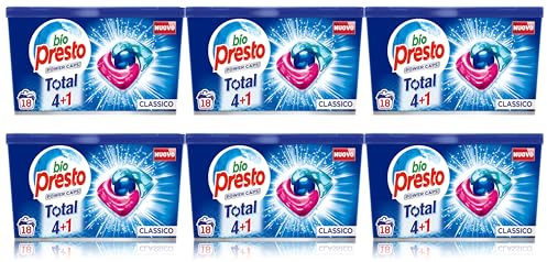 Bio Presto Power Caps Classico, Detersivo Lavatrice Predosato In Capsule, 6 Confezioni Da 18 pezzi, totale Lavaggi 108