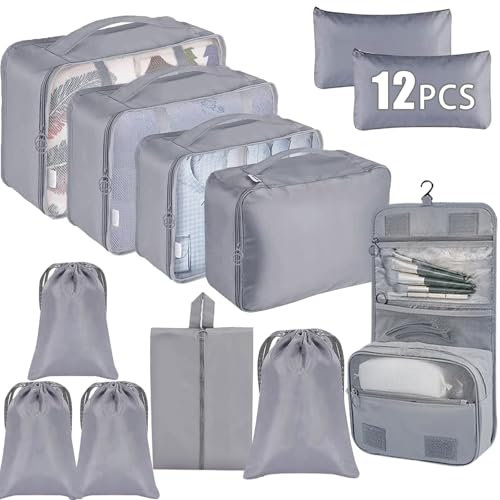 Dazhtu Koffer Organizer Set 12 Teilige, Packing Cubes, Wasserdichte Reise Kleidertaschen for Suitcase Travel Accessories Kofferorganizer Set Kleidertaschen Packwürfel Kosmetik Travel Organizer