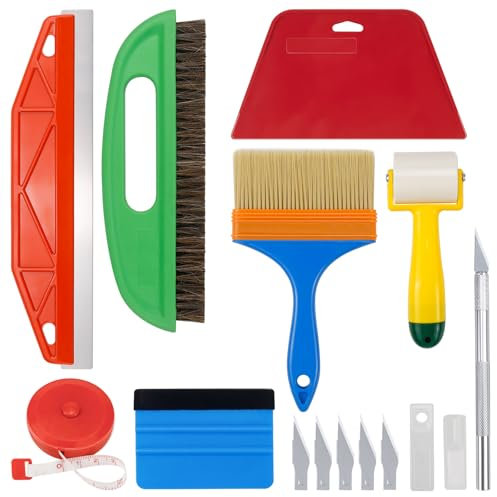 Mumjooyi Tapetenwerkzeuge Set Tapete Glätten Werkzeug mit Nahtroller Tapezierbürste Rakel Tapezieren Schneidwerkzeug Maßband Bürsten für Tapetenkleister Fensterfolie