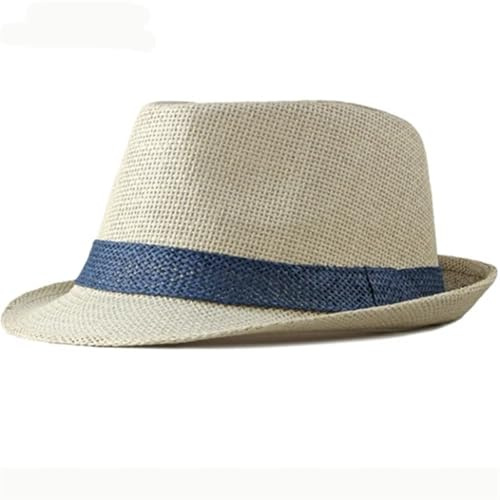 MOHUIED Sombrero De Paja Verano Mujeres Hombres Sombreros de Paja Sombrero de ala Corta Trilby Hombres Paja Playa Sombreros for el Sol for Hombres Sombrero Fedora Transpirable(Beige and Blue Band)