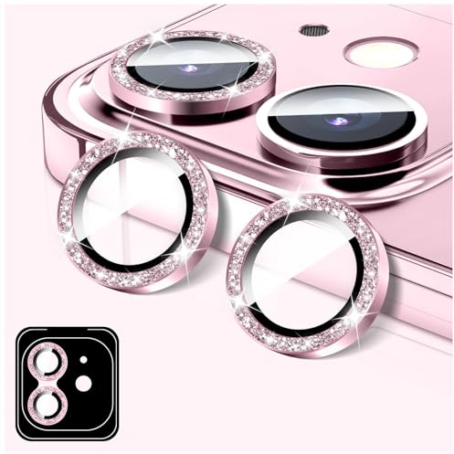 LucBuy Camera Lens Protector Compatible for iPhone 12/12 Mini, Glitter 9H Tempered Glass Camera Cover Film Stickers, Automatic-Alignment Individual Metal Rings Shiny Phone Accessories