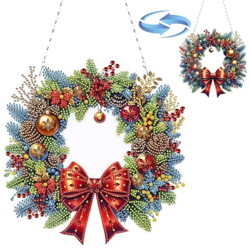 Lebartm DIY Diamant Kunst Malerei Anhänger Ornament Weihnachtskranz durchbrochenes Design hängend Doppelseitiges Muster Einseitig für Haus Garten Wand Tür Dekor-Kranz06