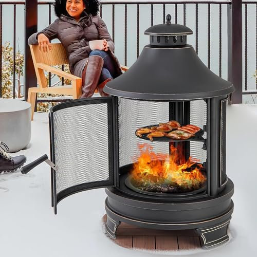 Naturalpowev Foyer d'extérieur 2 en 1 avec Gril, cheminée en métal avec cheminée, Porte Pare-étincelles et tisonnier, Foyer de Patio pour Camping, Jardin, arrière-Cour, Barbecue, feu de Joie