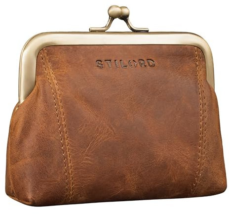 STILORD 'Goldie' Kleines Portemonnaie Damen Leder Kiss-Lock Münzbeutel Vintage Geldbeutel klein Damen Echtleder Antik Spangenportemonnaie Geldbörse mit Clipverschluss, Farbe:mittel - braun