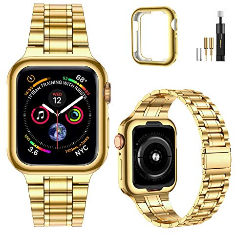 MioHHR Stainless Steel Straps Compatible with Apple Watch Strap 46mm | Metal Band with TPU Protective Cover for iWatch Series 11/10,Men Women(Gold)
