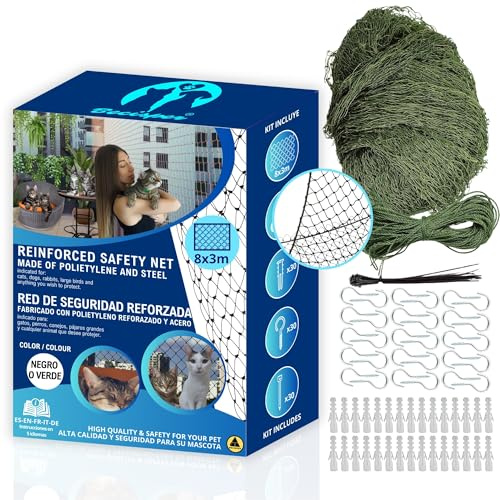 BECISPER - Red para Gatos Reforzada Extra Grande 8x3m - Red para Gatos terraza - Red Gatos Ventanas - Red Gatos Seguridad - Red Balcon Gatos - Red Seguridad niños - Red protección Gatos. (Verde)