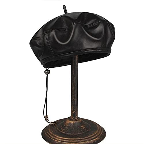 LVUNZJCA Lederhüte für Damen Leder Baskenmütze warme Mütze reine schwarze Lederhut Wintermützen für Damen