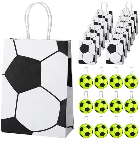 Candcamp 12 x Papiertüten für Fußball-Partys mit 12 x Fußball-Schlüsselanhänger, Partytüten mit Griffen, Fußball-Geschenktüten für Leckereien, Süßigkeitentüten für Kinder, Fußball-Partyzubehör