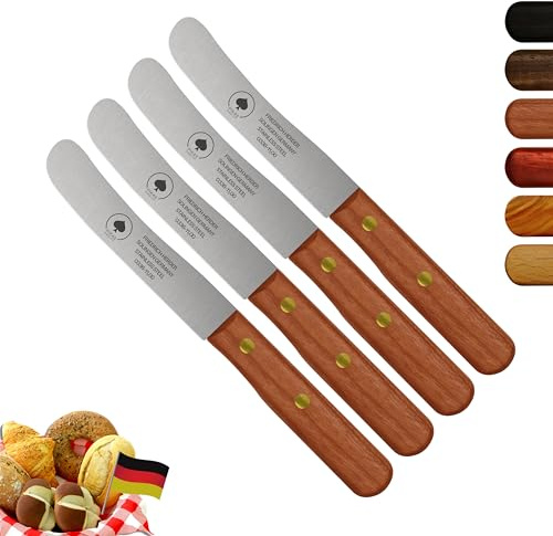 Solingen Messer, 4er Set Kirsche Holzgriff, Premium Buckelmesser, Klinge rostfrei 11cm - Küchenmesser, Brotmesser, Frühstücksmesser, Dünnschliff & Handabzug, Made in Germany