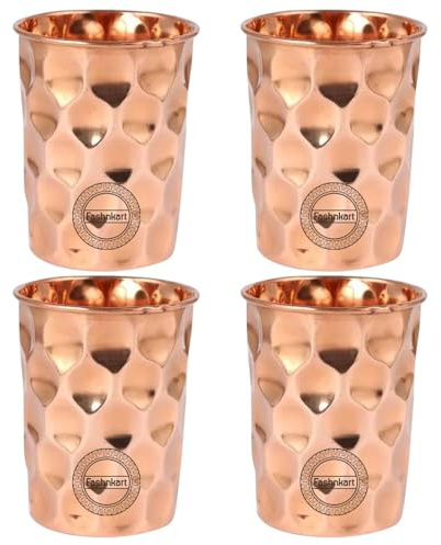 Bicchieri in rame puro Set di 4 bicchieri per acqua potabile Ayurveda Health Pure Tumblers Tazze in rame 10,14 Oz 300 Ml (diamante)