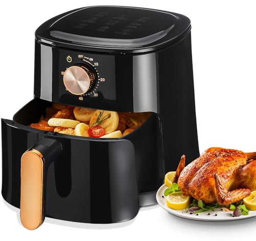 Heißluftfritteuse 4L, 9-in-1 Ölfreie Airfryer, 35-200℃, 1800W, 60 Min Timer, Energiesparend, ohne Öl, gesunde Classic Fritteuse, Backen, Braten, Grillen, Spülmaschinenfest (Schwarz)