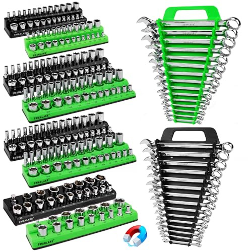 10-Piece Magnetic Socket and Wrench Organizer Set, 1/4, 3/8, 1/2 Drive Metric SAE Socket Organizer, Magnetic Wrench Holder 30 Slots Total, Tool Box Organizers (Sockets Wrenches not Included)
