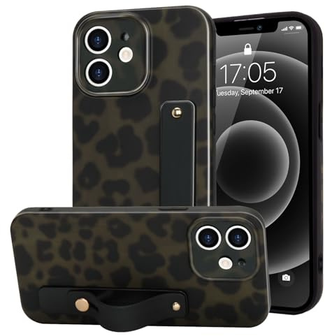 LAPOPNUT for iphone 12 Case Strap Leopard Tortoise Print, Green | Cheetah Amber Pattern Phone Cover, Adjustable Finger Wrist Stand Holer, Cute for Women Girls Men,TPU Bumper Shell, Protecion