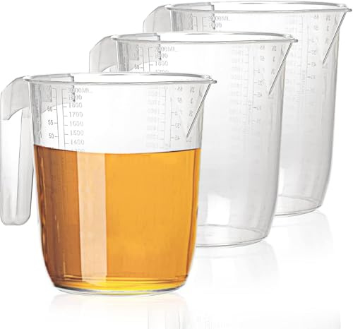 3 Large 2L Measuring Jugs 2 Litre per Jug with Handle Embossed - Ideal Non-Toxic BPA-Free Measuring Scales for Kitchen Wham Food Baking Preparation, Water or Gravy Food Safe