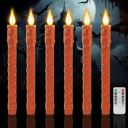 Halloween Deko LED Kerzen, 6 Stück Stabkerzen Batteriebetrieben, Flammenlose LED Kerzen Flackernde Flamme mit Fernbedienung & Timerfunktion, Elektrische Kerze für Hochzeit Tisch Weihnachten (Orange)