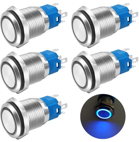 Gebildet 5 Unidades Pulsadores Momentáneos Metálicos LED Azules de 16mm, Resistentes al Agua, 12V-24V/5A, 1 NA, 1 NC, Encendido/Apagado para Orificio de Montaje de 5/8