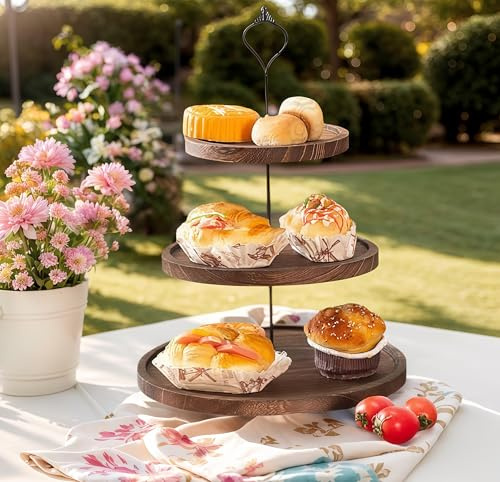 LOSTTYPE 3 Tier Wood Cupcake Stand,Decorative Display Stand For Dessert ,with Metal Handles ,Vintage Cupcake Holder for Wedding, Birthday, Afternoon Tea,Picnic,Parties（Heavy Burn Color）