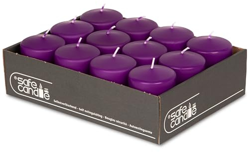 DecoLite Stumpenkerzen 27h Brenndauer, 8 x 6 cm, 12 Stück, Lila | Made in Germany, RAL-geprüft, Safe-Candle-Abbrandstopp, tropffrei, rußfrei, ohne Duft, für Advent, Tafel & Gastronomie
