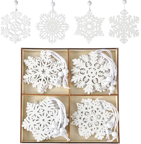 Weihnachtsbaumschmuck Holz, 16 Stück Schneeflocken Deko, Weiße Schneeflockens für Bastelarbeiten, Schneeflocken-Anhänger für Weihnachtsbaum und Wintergirlande (6.7cm)