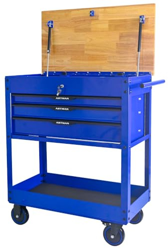 LULUINSHINE 3 Drawers Multifunctional Tool CART with Wheels and Wooden TOP-Blue