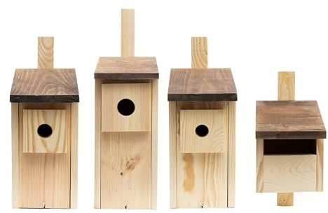 WOODYGIFT 4er Set Wetterfeste Nistkästen aus Holz für Meisen, Spatzen, Stare & Rotkehlchen – Vogelhaus zum Aufhängen – Brutkasten für Vögel – Nistkasten für draußen mit Befestigung (Braun)