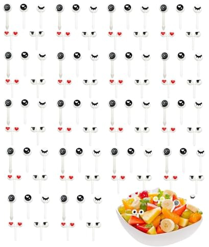 90 Stück Augen Fruchtspieße - Lustige Zuckeraugen & Brotausstecher für Kinder, BPA-frei | Wiederverwendbare Plastikgabeln für Bento Box Zubehör & Essen Deko
