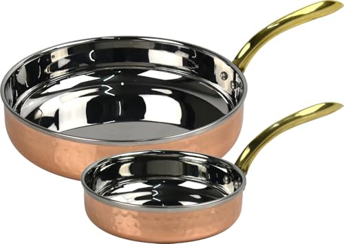 Catergold Set of 2 Traditional Hammered Pans Copper and Stainless Steel with Brass Handles Professional Kitchen Frying Pans for Gas, Electric & Induction Stoves (2X 13.5cm & 18.5cm)