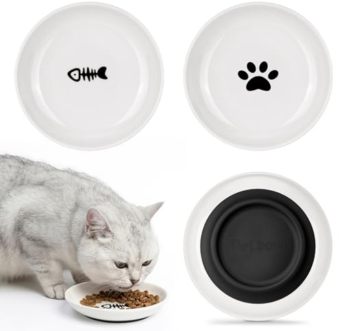 WGIDSKKI Set da 3 Ciotole in Ceramica per Gatto, Ciotole Antiscivolo con Fondo in Gomma, Ciotole in Ceramica Basse per Cibo e Acqua, Lavabili in Lavastoviglie, Atossiche