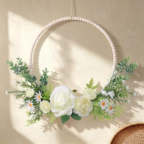 Weldomcor Door Wreath for Front Door, 18 Inch Rose Eucalyptus Leaf Wreaths Artificial Flower Hanging Wreath with Wood Beads for Home Wall Window Wedding Outdoor Decor All Year (White)