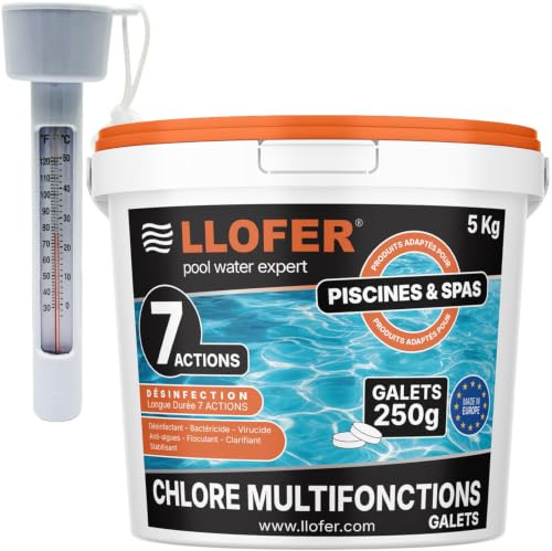 LLOFER - Pack Chlore Multifonction Piscine 7 Actions 5 kg + Thermomètre Piscine Inclus - Galets 250 g - 92% Chlore Actif - Désinfection Longue Durée - Fabriqué en Europe