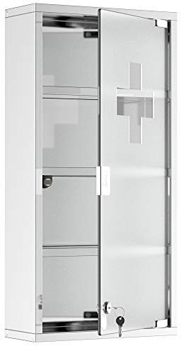 HOMCOM Medicinskåp 3 hyllor 4 nivåer 30 L x 12 l x 60 cm dörr härdat glas symbol kors rostfritt stål borstat