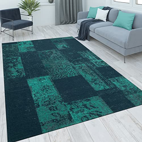 Paco Home Teppich Wohnzimmer Schlafzimmer Kurzflor Vintage Orientalisches Abstraktes Muster Ornamente Moderne Deko, Grösse:80x150 cm, Farbe:Türkis