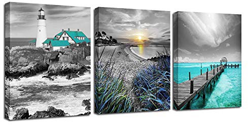 Ardemy Teal Ocean Canvas Wall Art Seascape Blue Painting Lighthouse Coastal Pictures Turquoise Landscape Artwork Framed for Bedroom Bathroom Living Room Home Office Wall Decor, 12x16x3 Panels