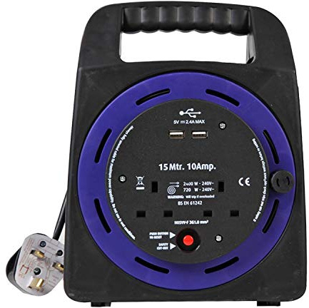 Ex-Pro 2 Way 15M Mains Socket Cassette Reel Extension Lead Cable with 2x USB Charging Ports and Safety Cut-Out Switch 10A - Ideal for Workshops, Offices, Warehouses, DIY and more - Black/Blue